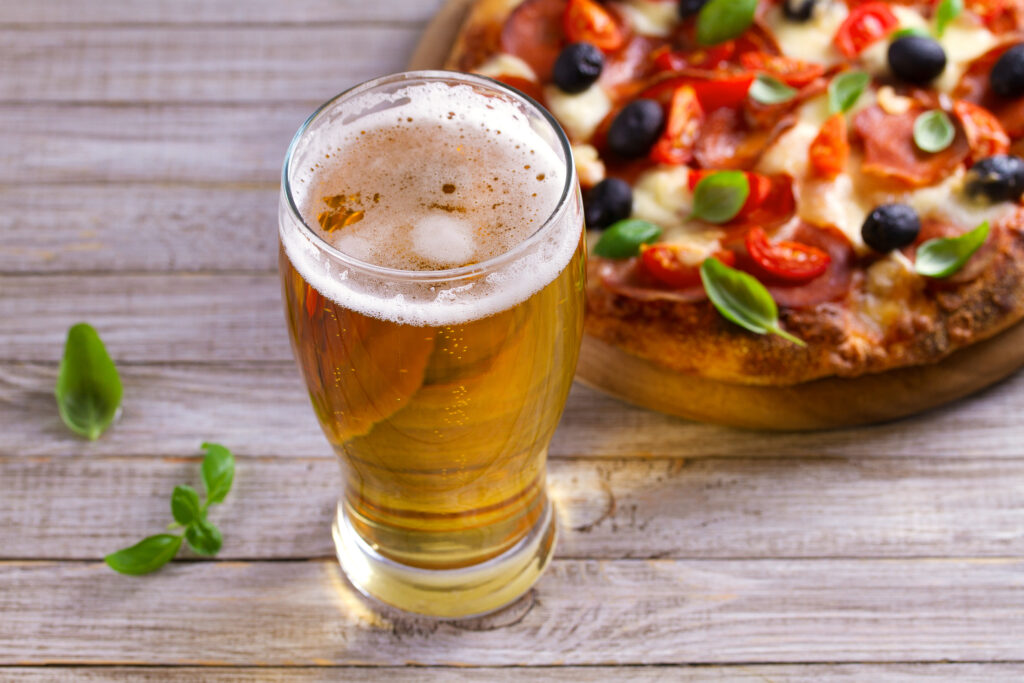 beer and pizza on the side