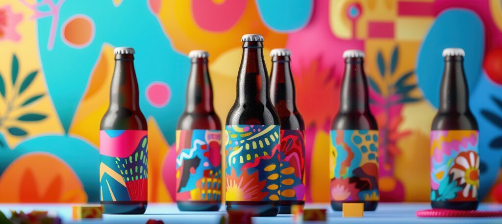 bottles of beer with very colorfull labels on a very colorful background