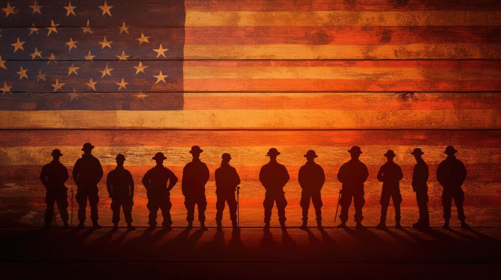 military men in shaddow standing in front of an american flag