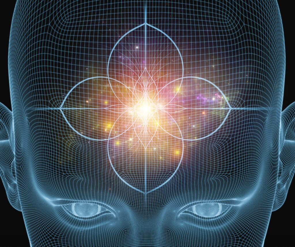 human head with a symbol of bright light and intersecting curves and shapes