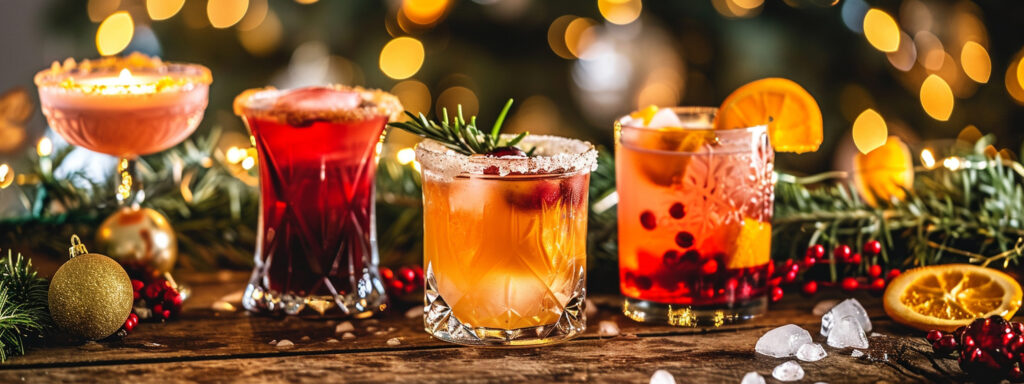 four different cocktails lined up in front of table of christmas greenery
