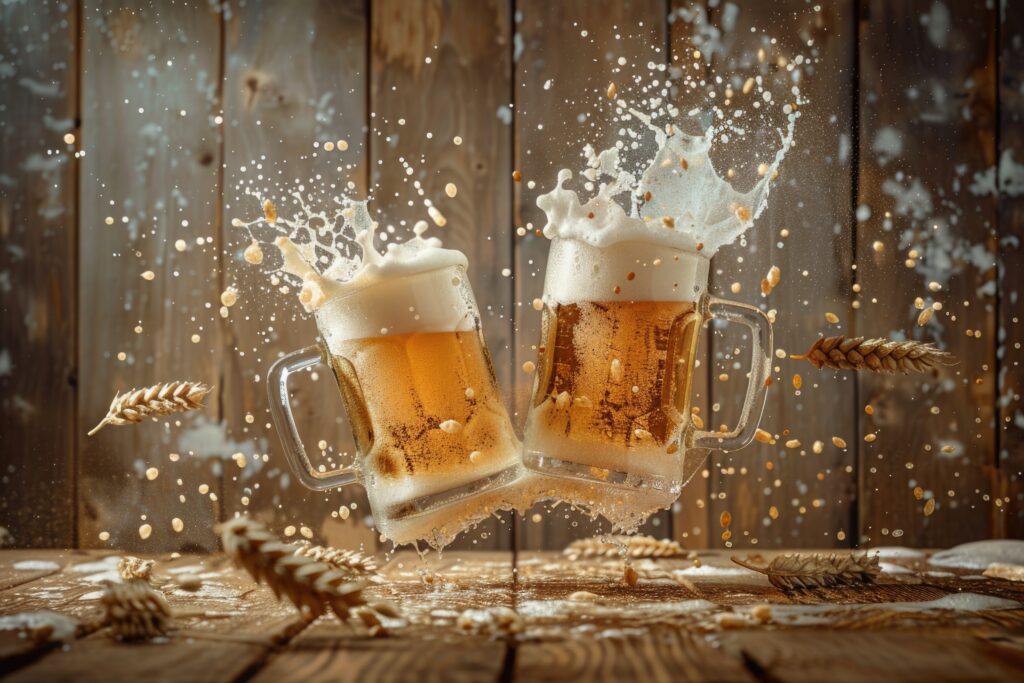two beer mugs full of beer clinking together and causing beer foam to shoot up out of the mugs