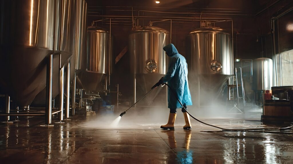 person in hazard suit and rubber boots spraying down a distillery production facility floor
