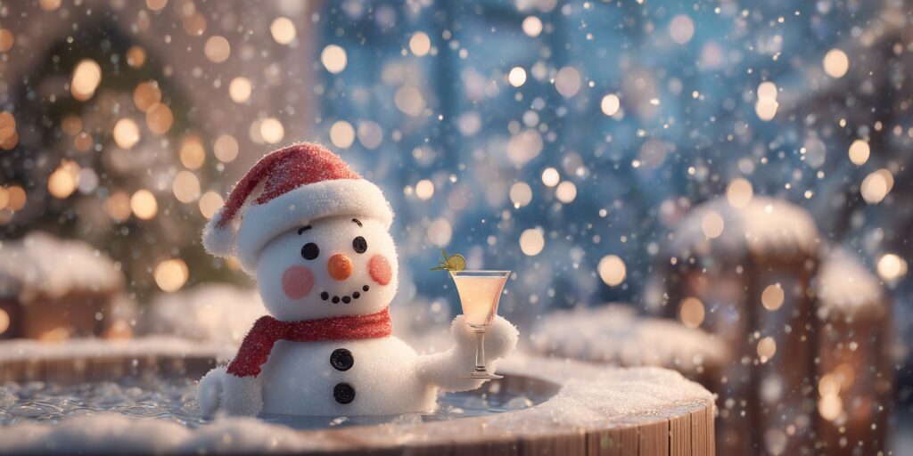snowman man in santa hat sitting in hot tub while snowing and holding a cocktail glass