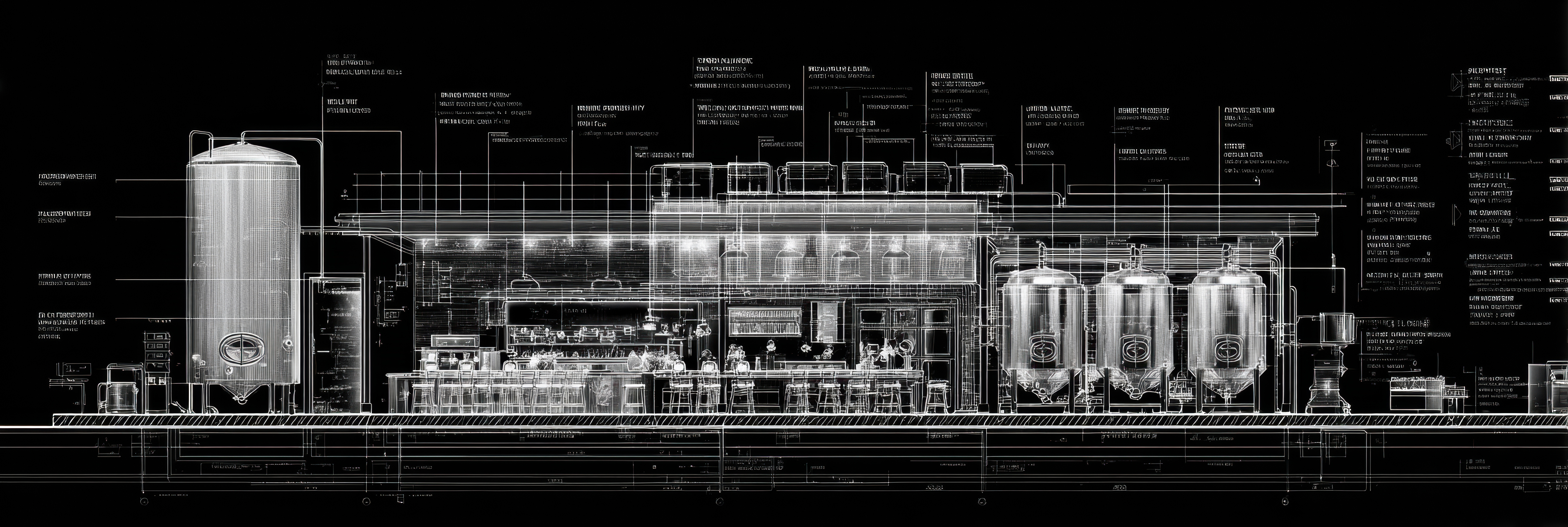 a black and silver photo showing a row of brewery tanks and components