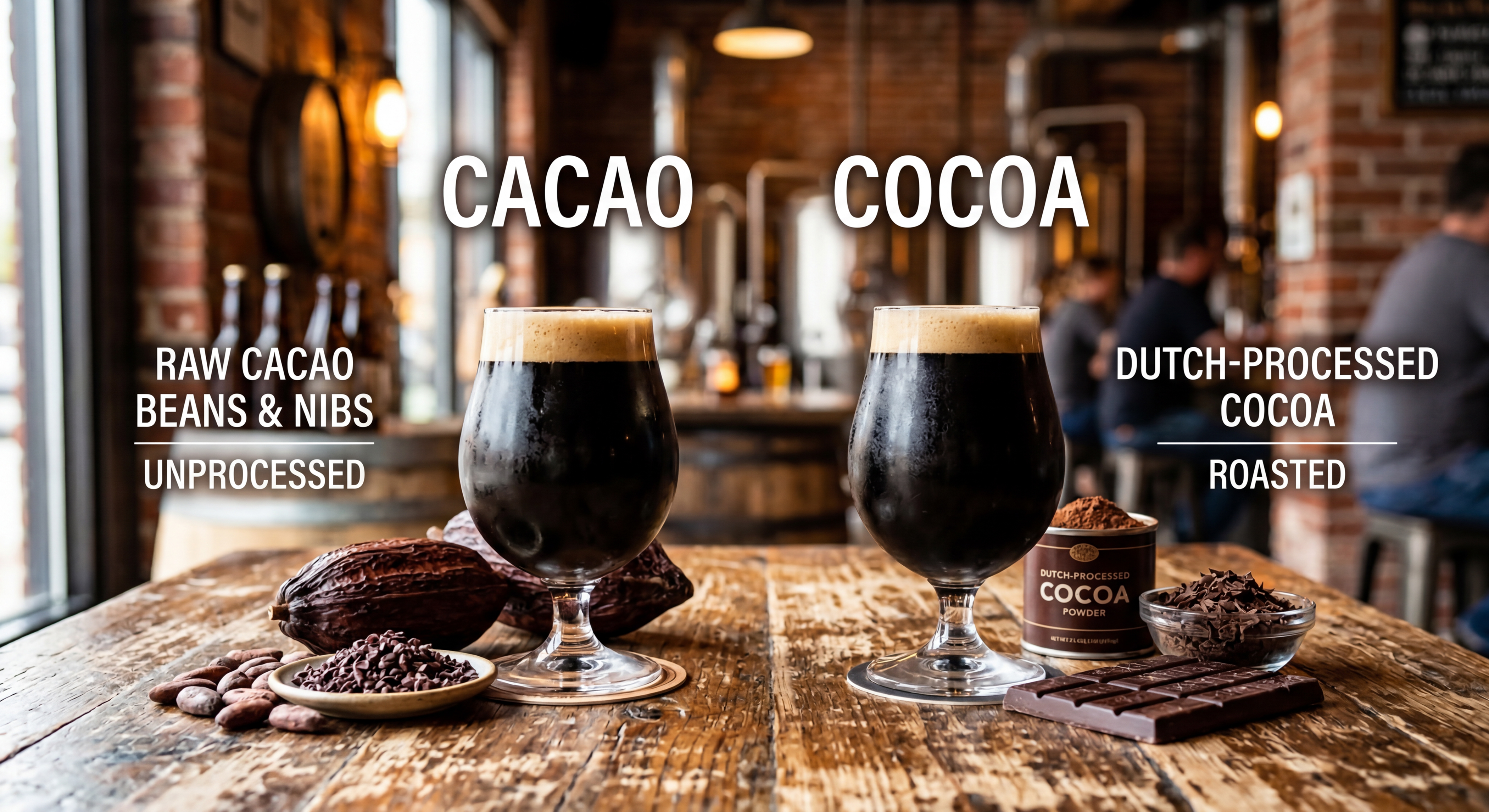 two glasses of beer one made with cacao and one with cocoa