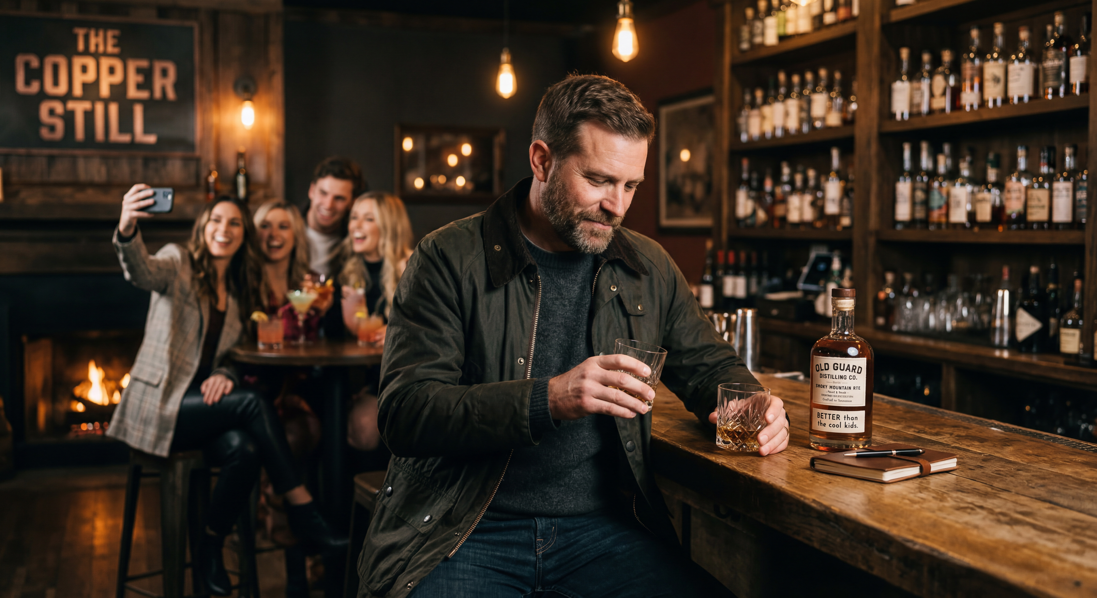 a man at a bar with a glass of whiskey and behind him are 4 people taking a selfie