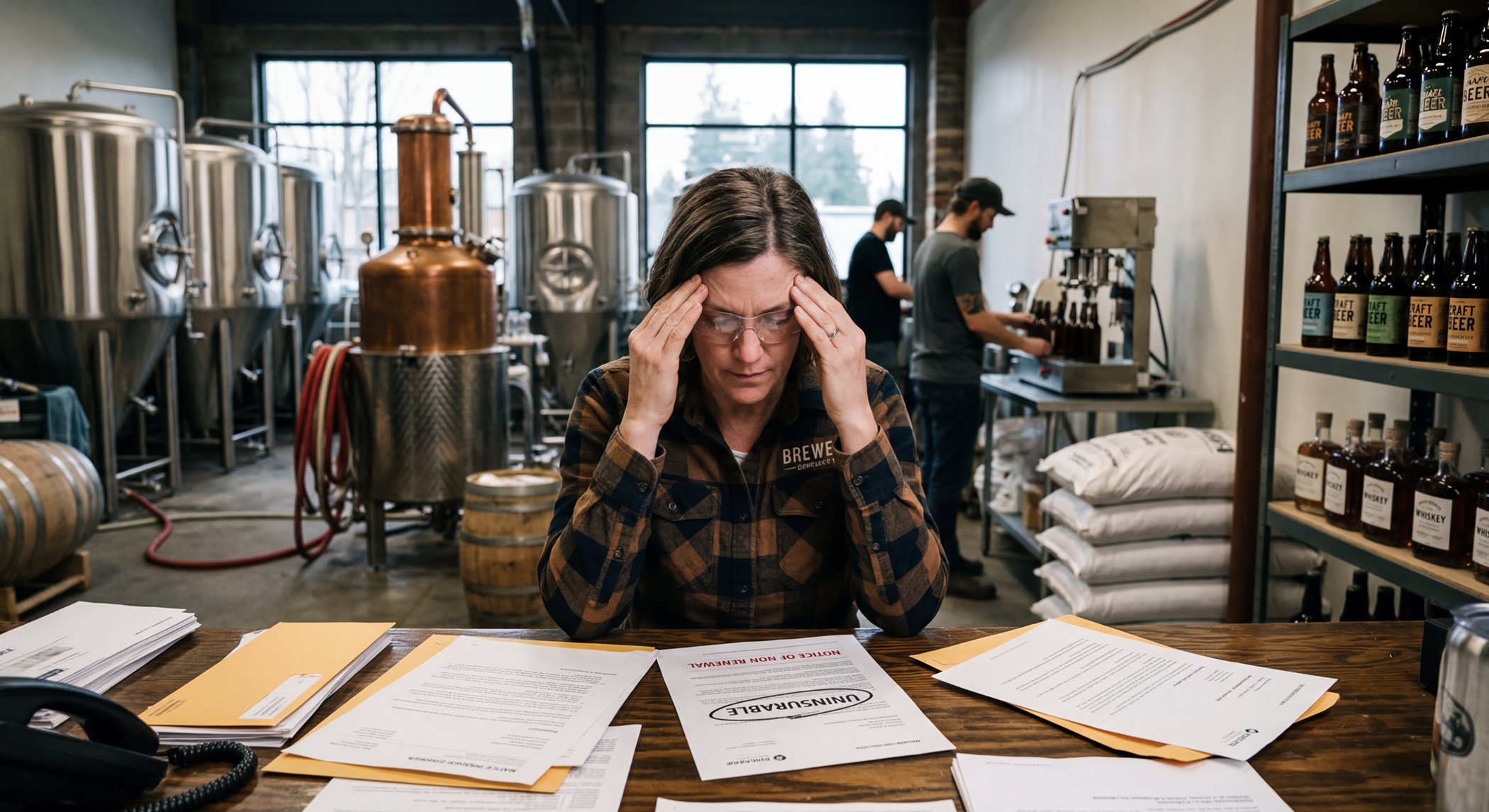 a woman on the brewery production floor holding her head while looking at insurance documents on a table