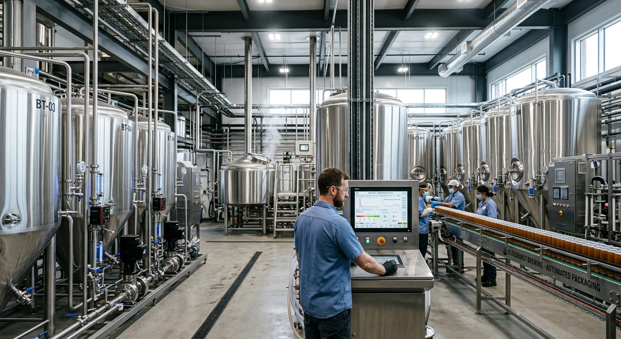 a man standing on the brewery production floor looking at a computer screen