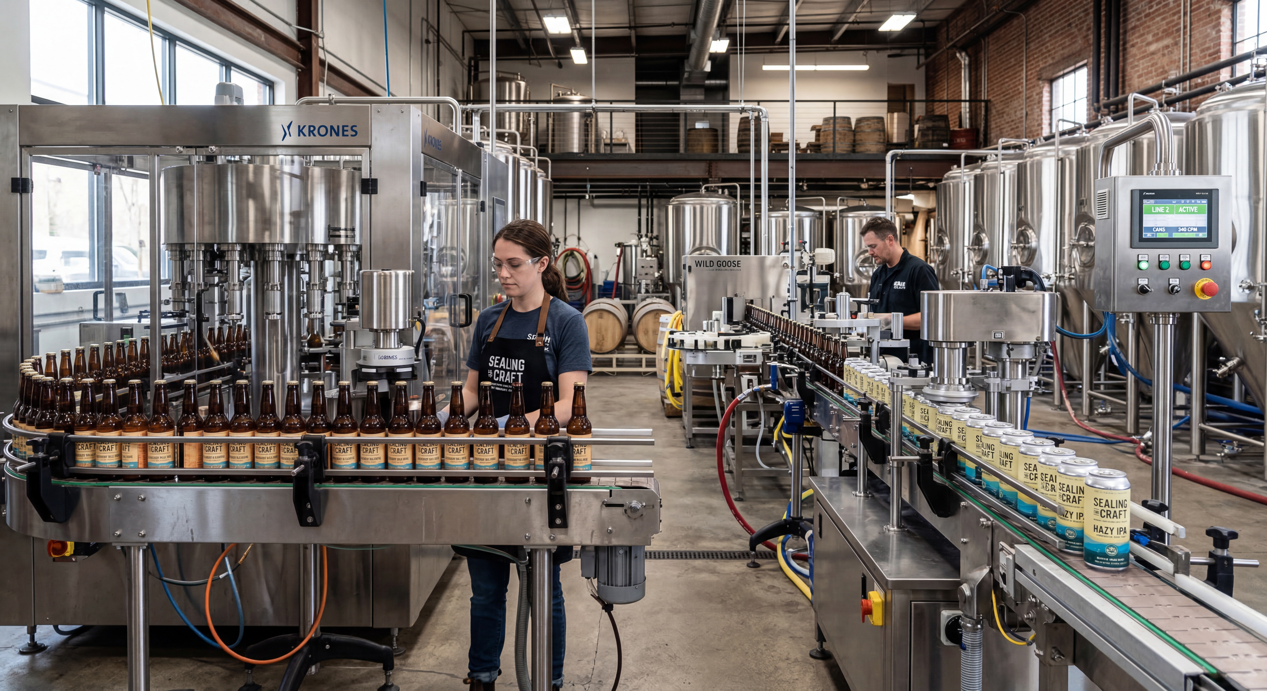several canning and other packaging machinery on the flor of the brewery