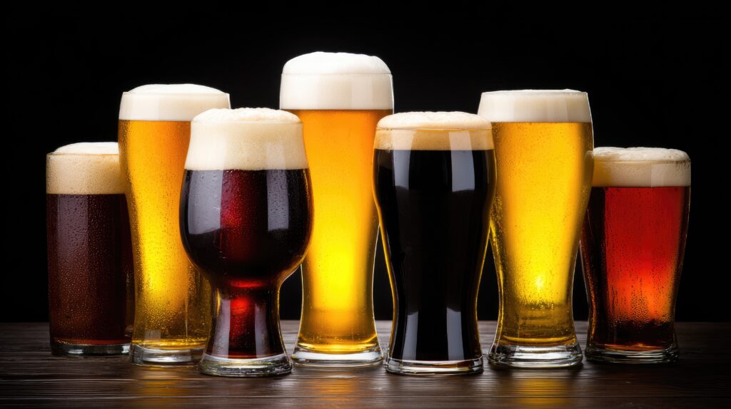 a line of beers in different glasses and different colors of beer