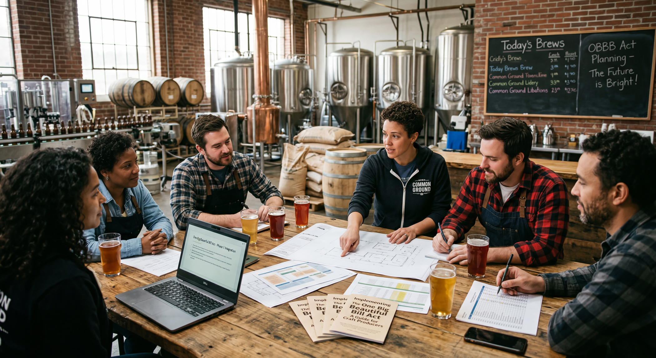 a group of men and woman sitting around a table on a brewery production floor discussing the new tax bill