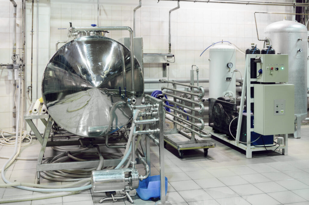 filtration equipment on the floor of a brewery