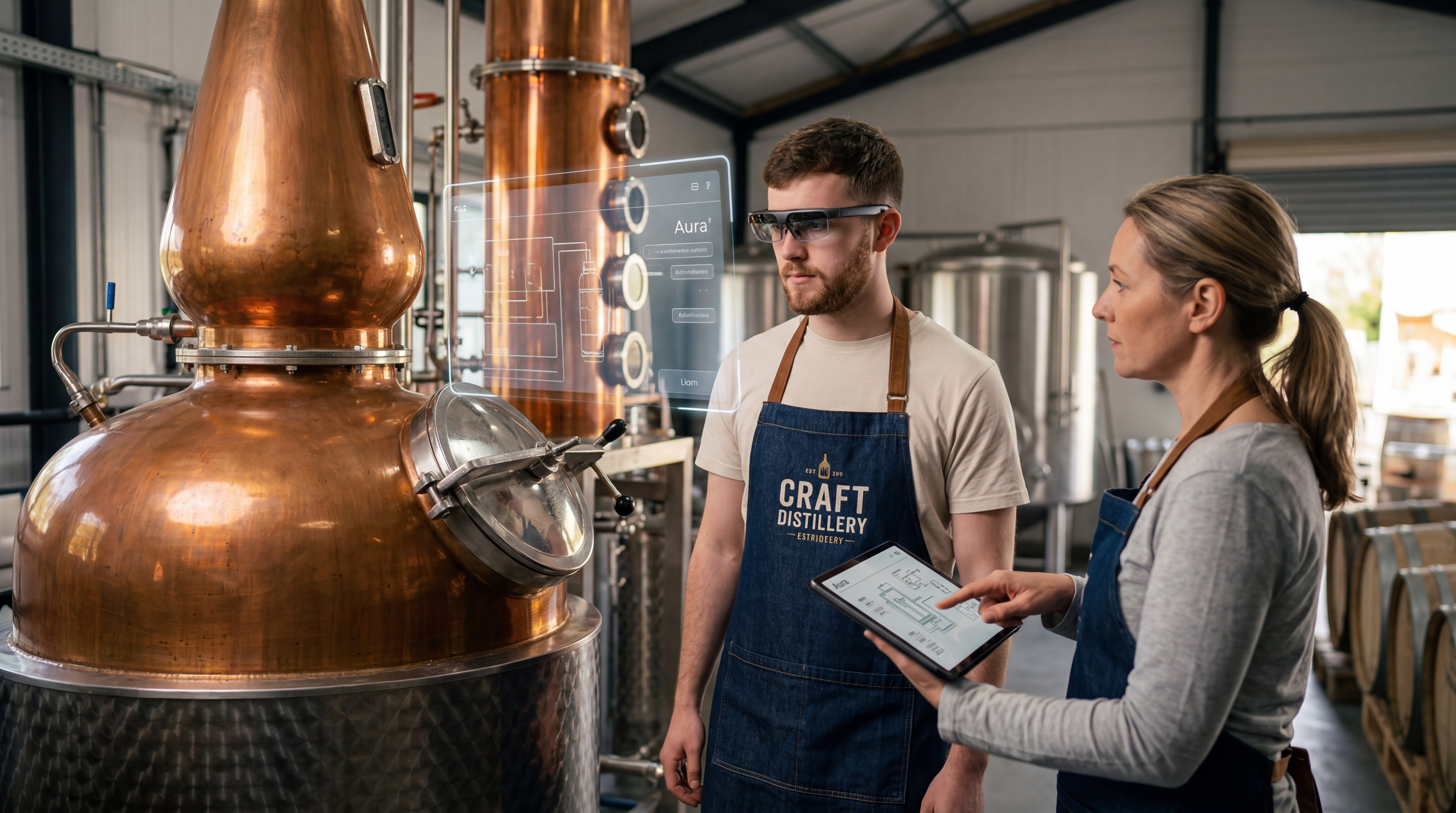 A WOMAN AND A MAN STANDING IN FRONT OF A STILL IN A DISTILLERY 