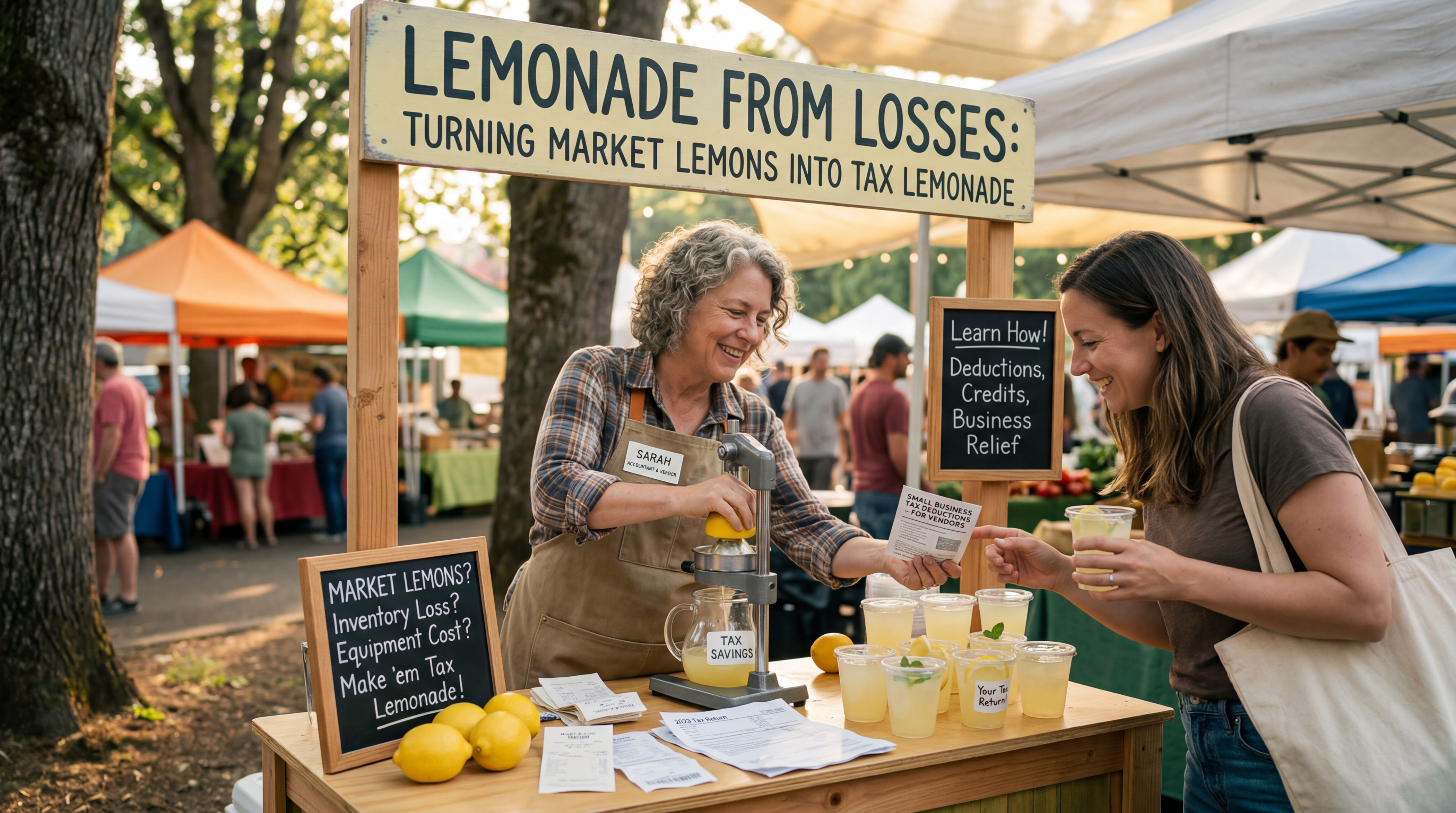 a woman serving lemonade from a booth called turning market lemons into tax lemonade
