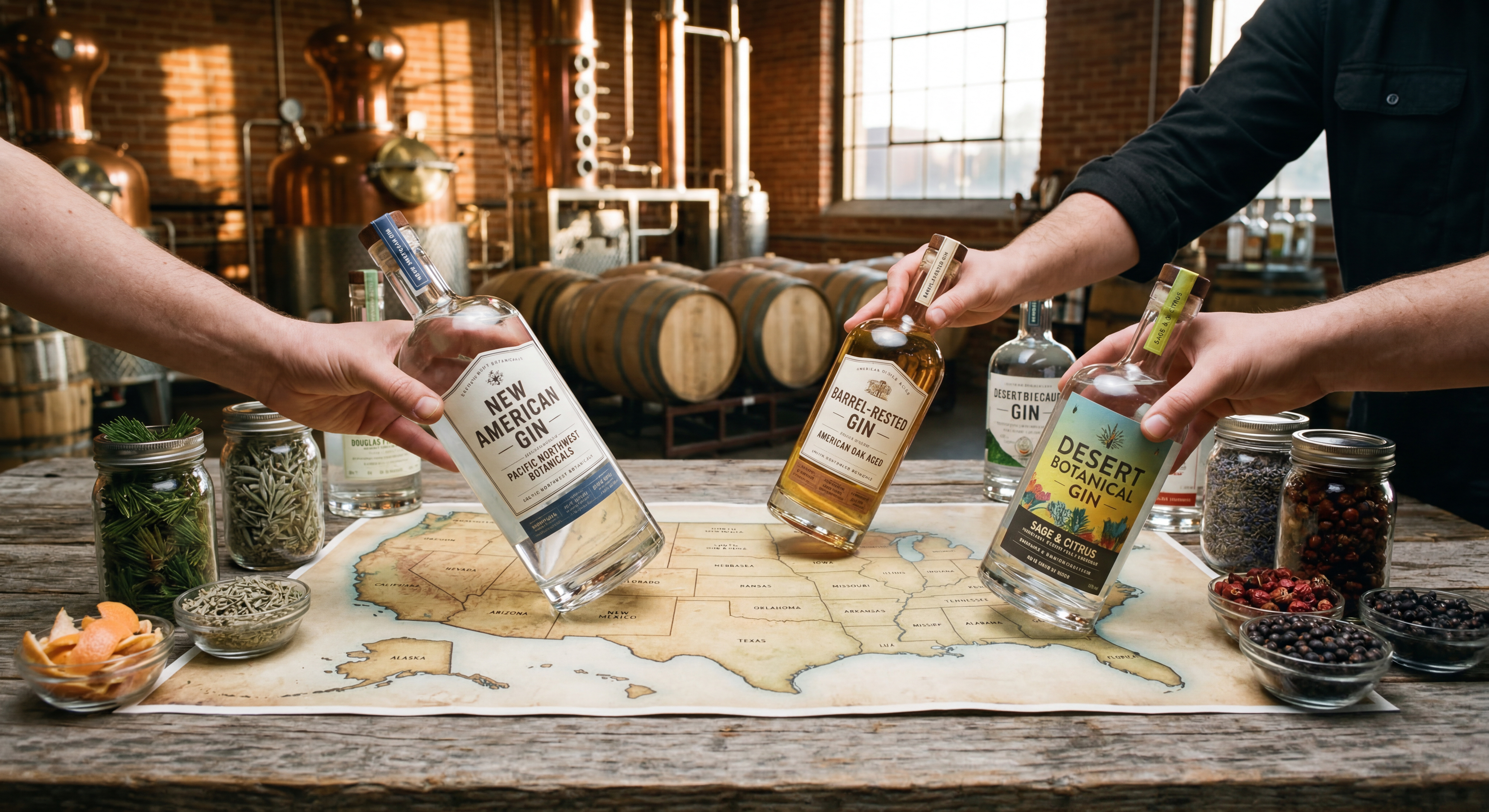 Three people holding different gin bottles over a map of the united states