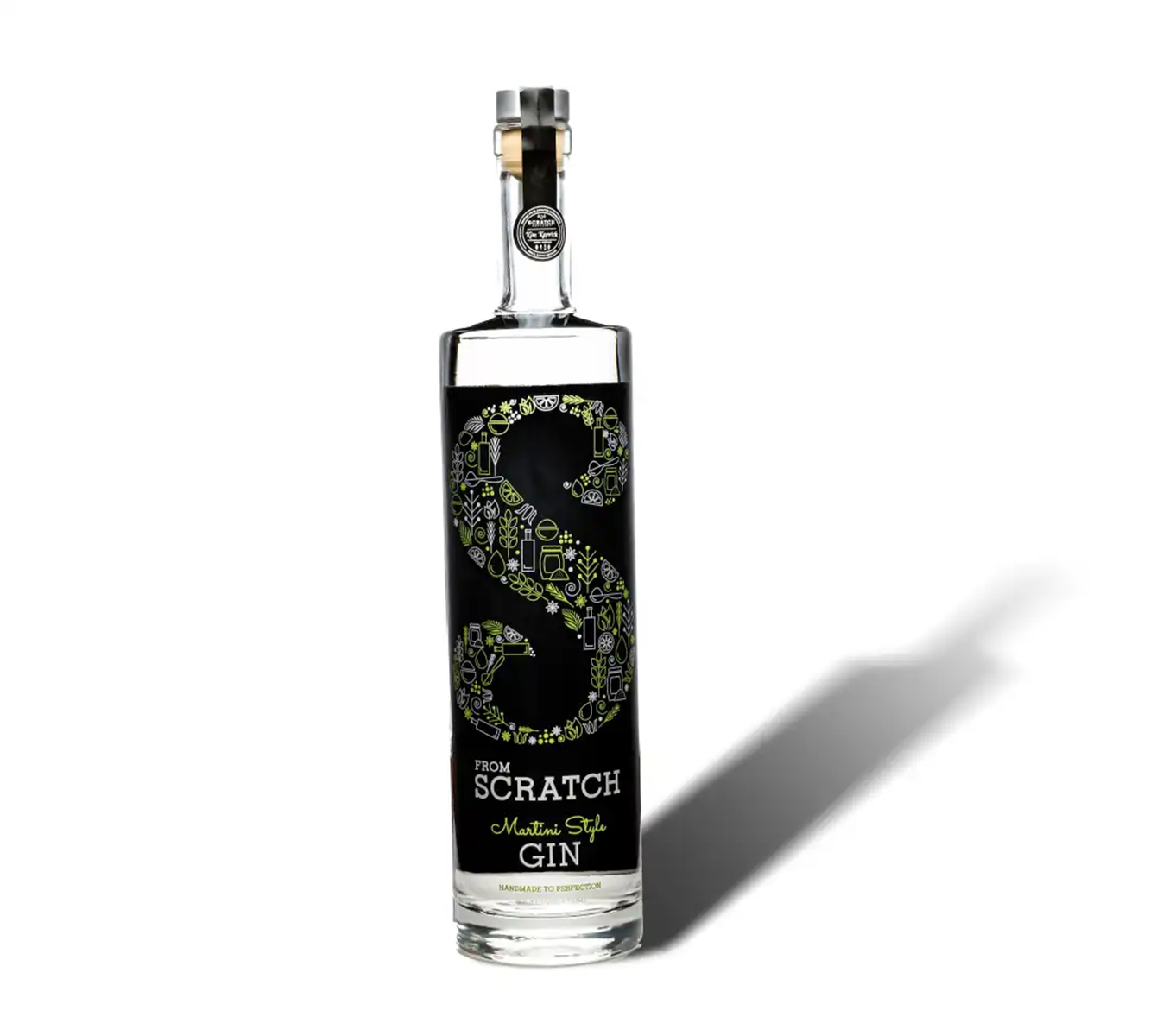 A CLAR BOTTLE WITH A BLACK LABEL OF SCRATCH DISTILLERY GIN