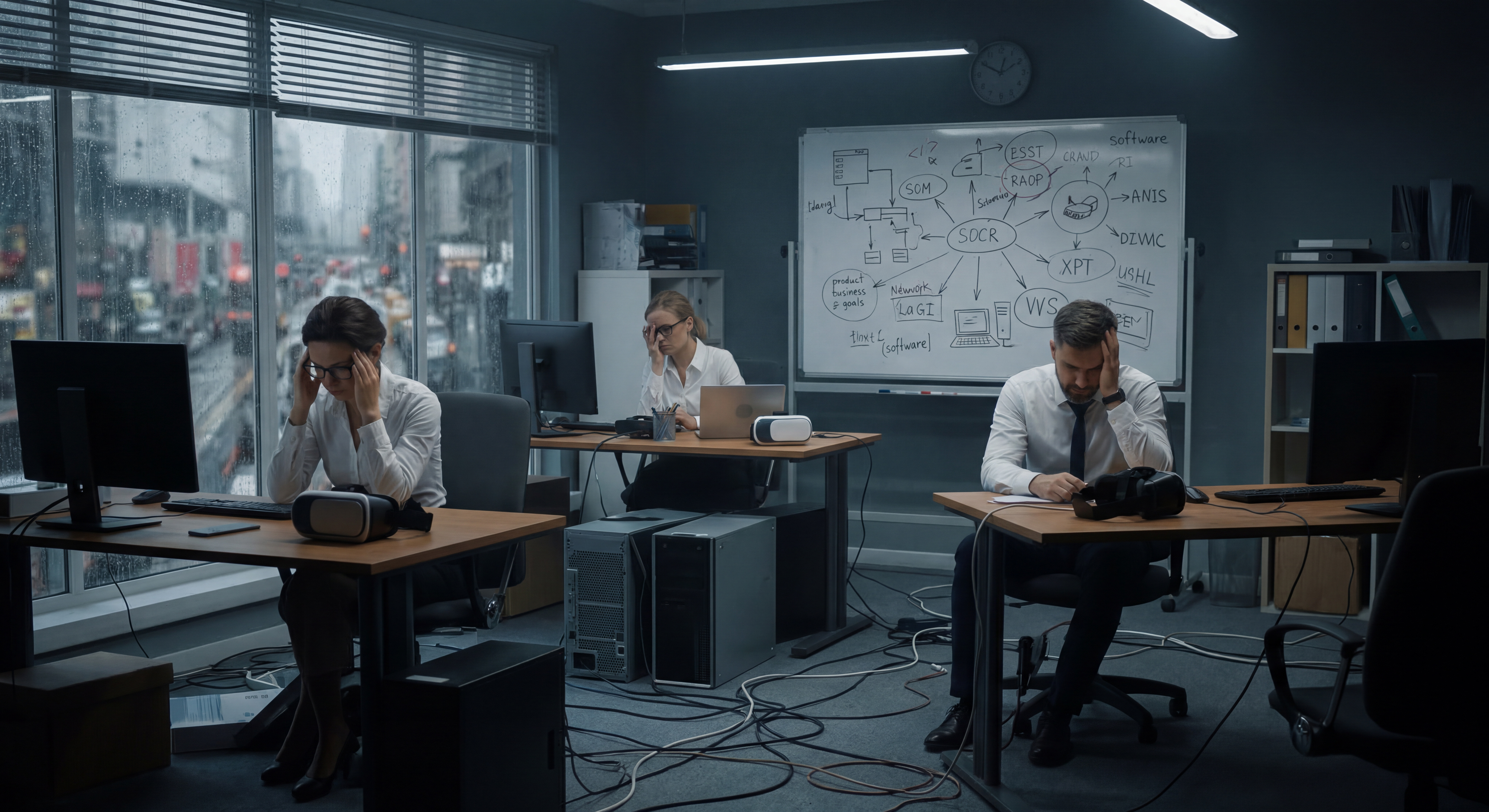 three people sitting at their desks holding their heads in confusion